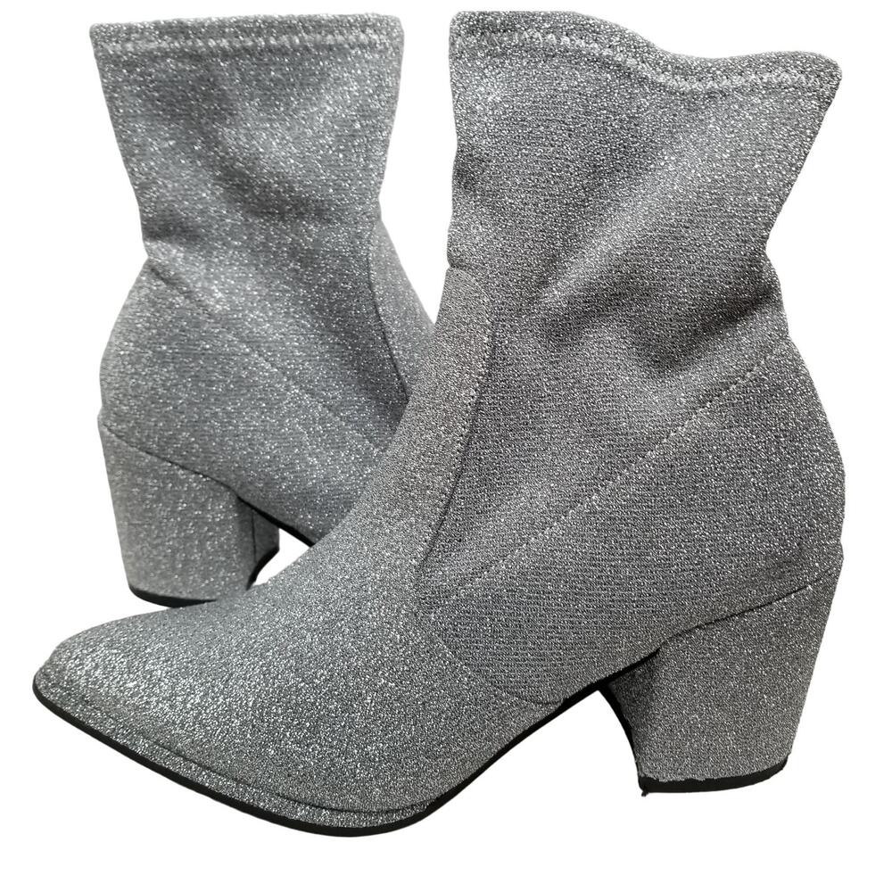 LuLu's Women's Sparkly Silver Booties Zipper Center Inside Chunky Heel Size 7